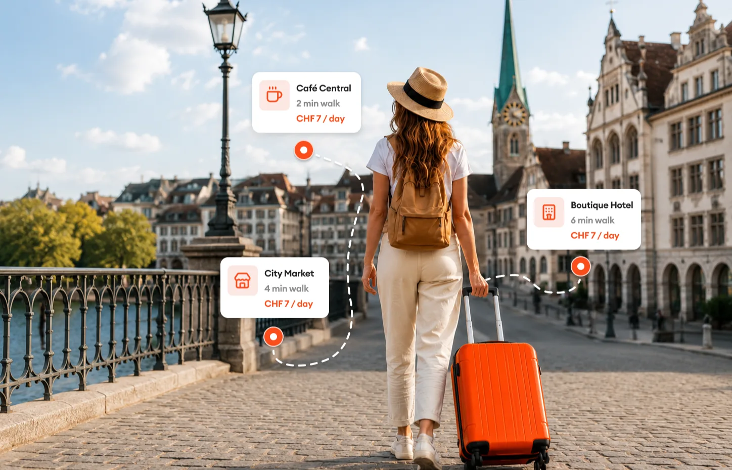 Traveler with an orange suitcase walking through Zurich, with nearby drop-off points highlighted